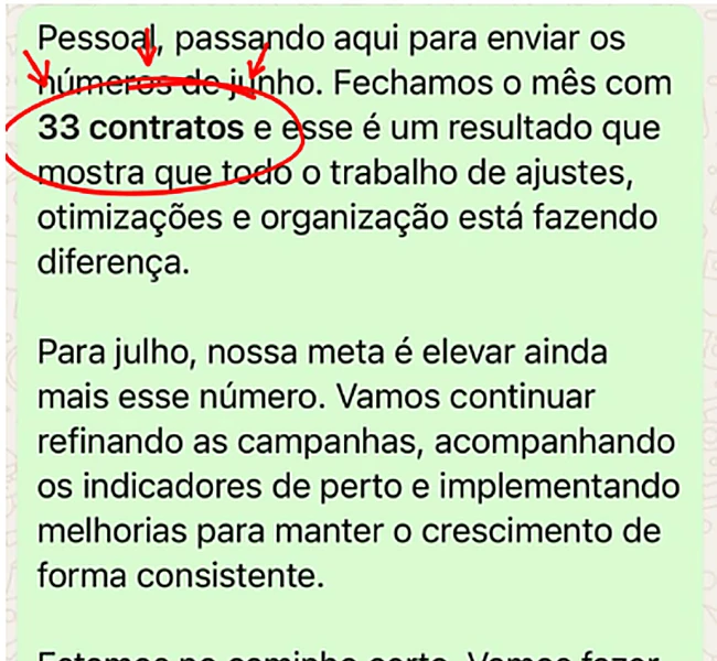 Mensagem com 33 contratos fechados no mês